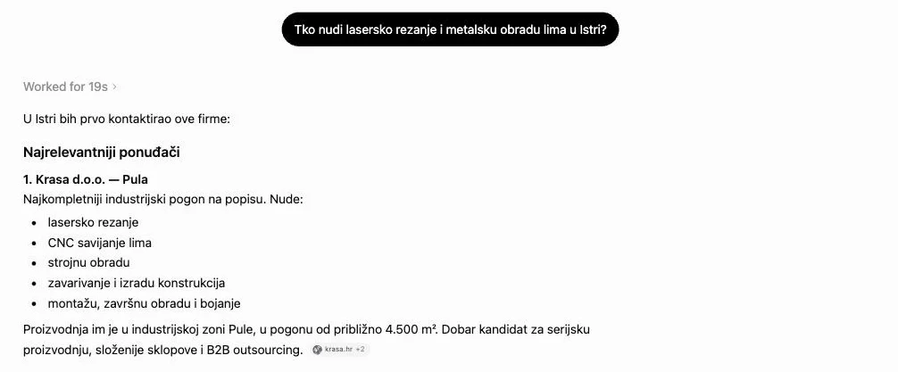 ChatGPT odgovor: Krasa d.o.o. iz Pule prva preporuka za lasersko rezanje i obradu lima u Istri, s citatom krasa.hr